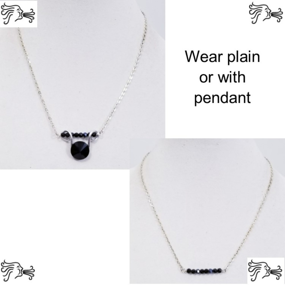 Black Jet Crystal Bar Necklace Pendant Silver